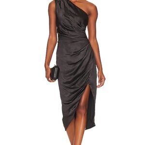 Elliatt Cassini Dress in Black Single Shoulder Satin Draped Side Slit Size M
